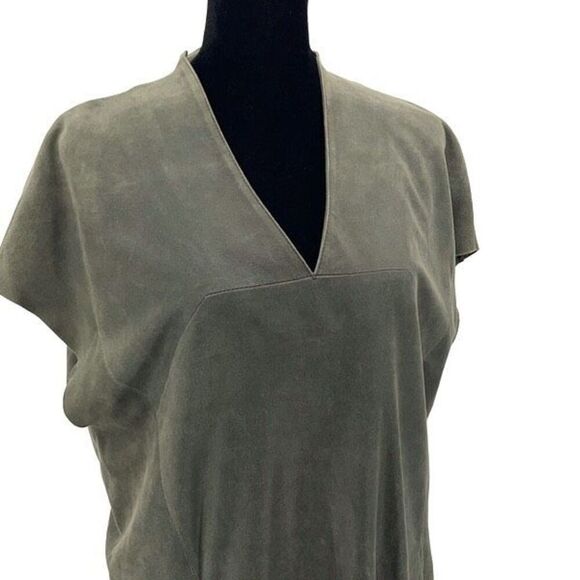 Schai Womens Goat Suede Leather Exposed Back Zip Cap Sleeve Shift Dress Green/Gr - Picture 2 of 11